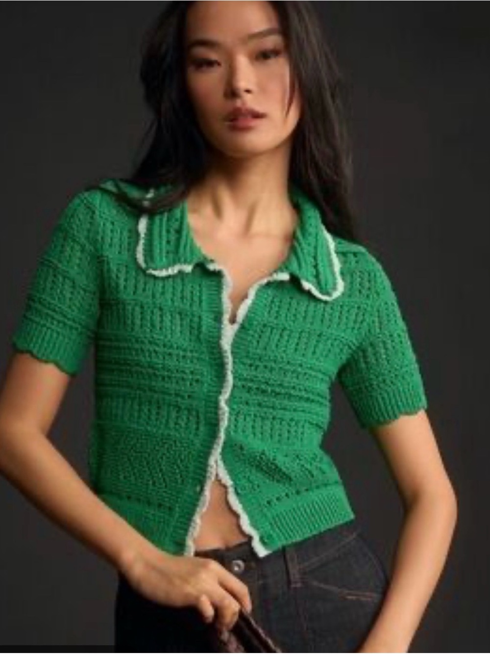 Anthropologie Green Crocheted Short-Sleeve Sweater with Trim